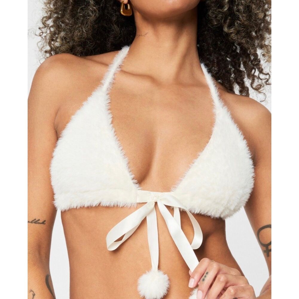 YITTY Fuzz Me Bikini Top Size S Ivory Faux Fur Pom Pom NWT